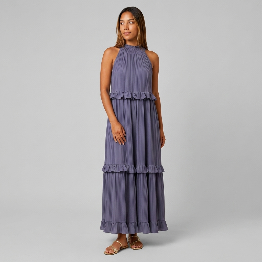 Robe Maxi Col Halter Plissée Volants Étagés Pour Femme