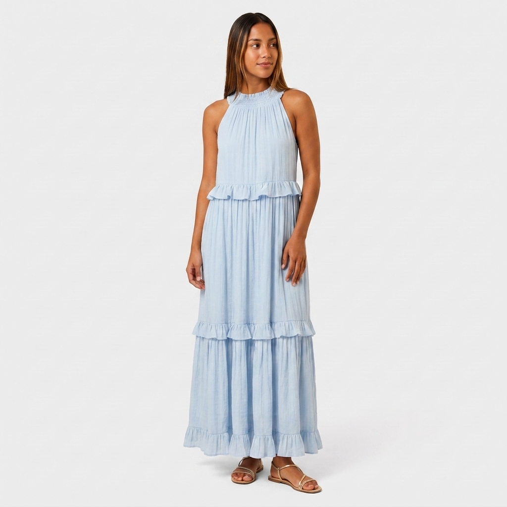 Robe Maxi Col Halter Plissée Volants Étagés Pour Femme
