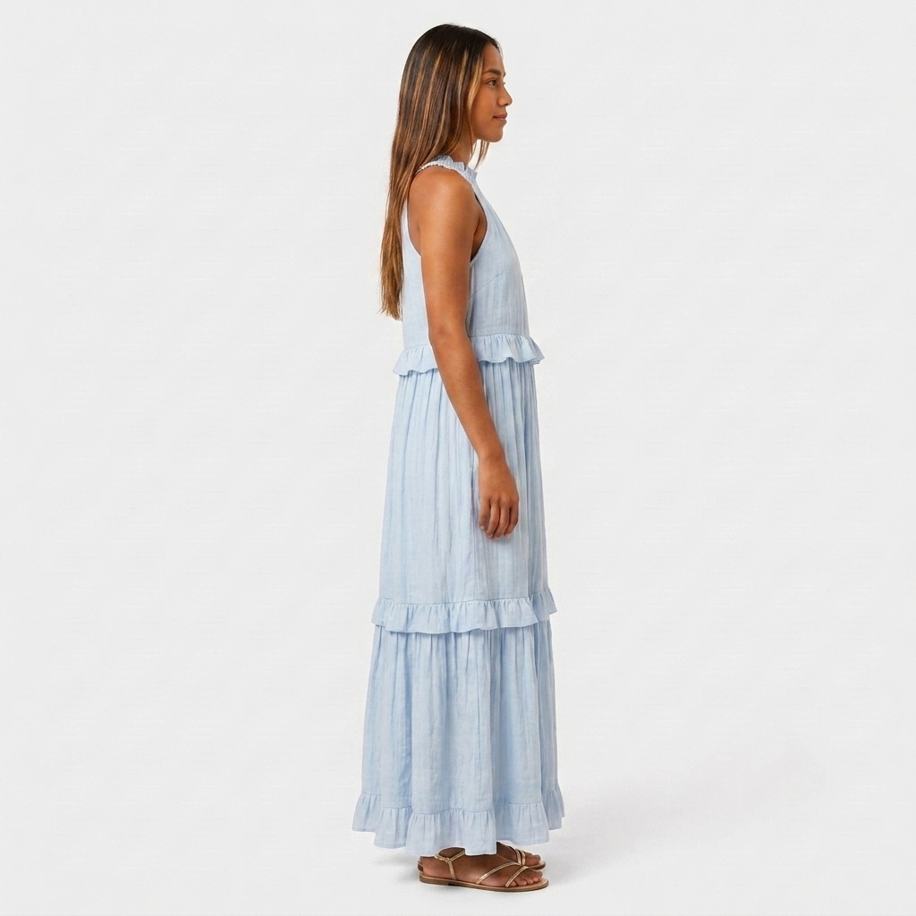 Robe Maxi Col Halter Plissée Volants Étagés Pour Femme
