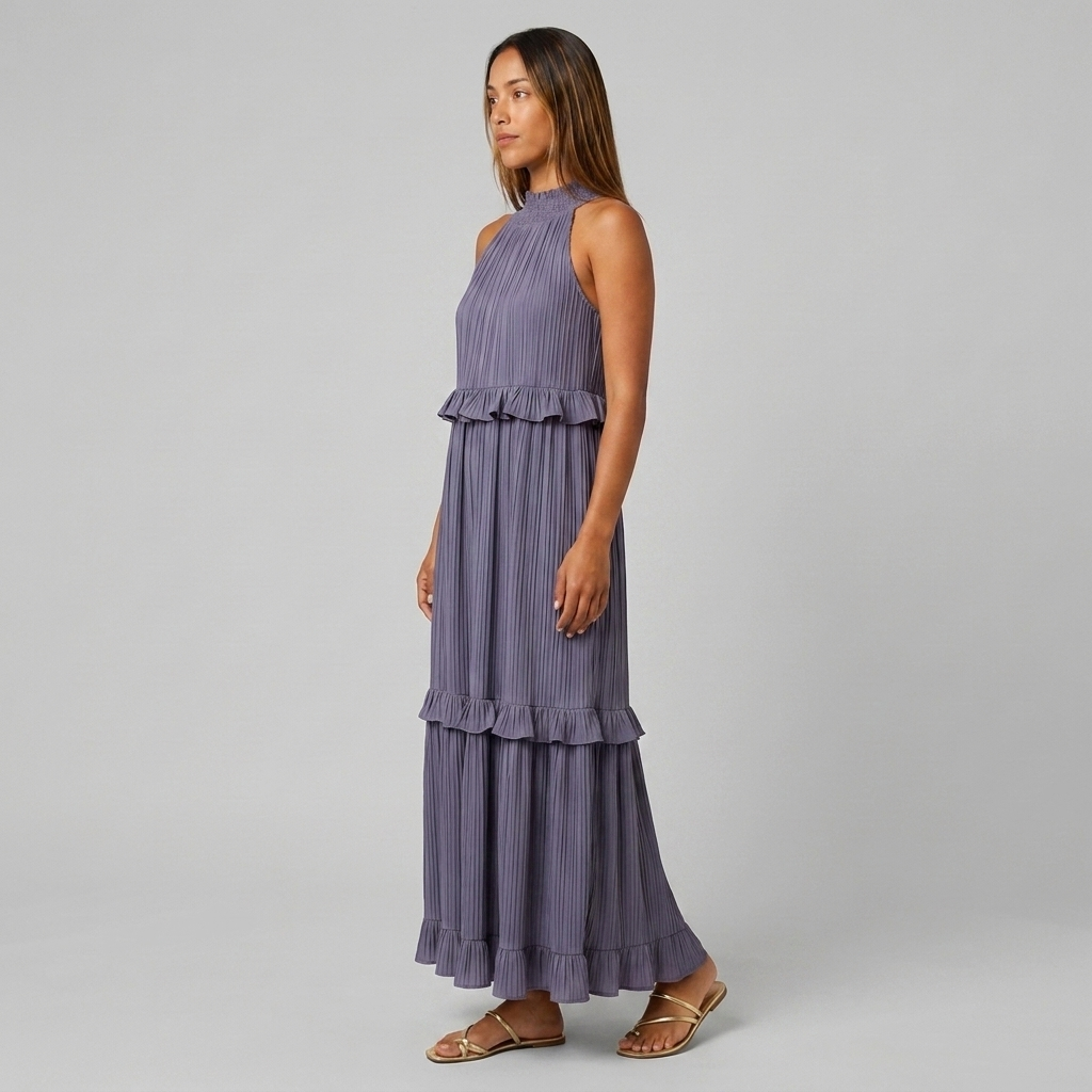 Robe Maxi Col Halter Plissée Volants Étagés Pour Femme
