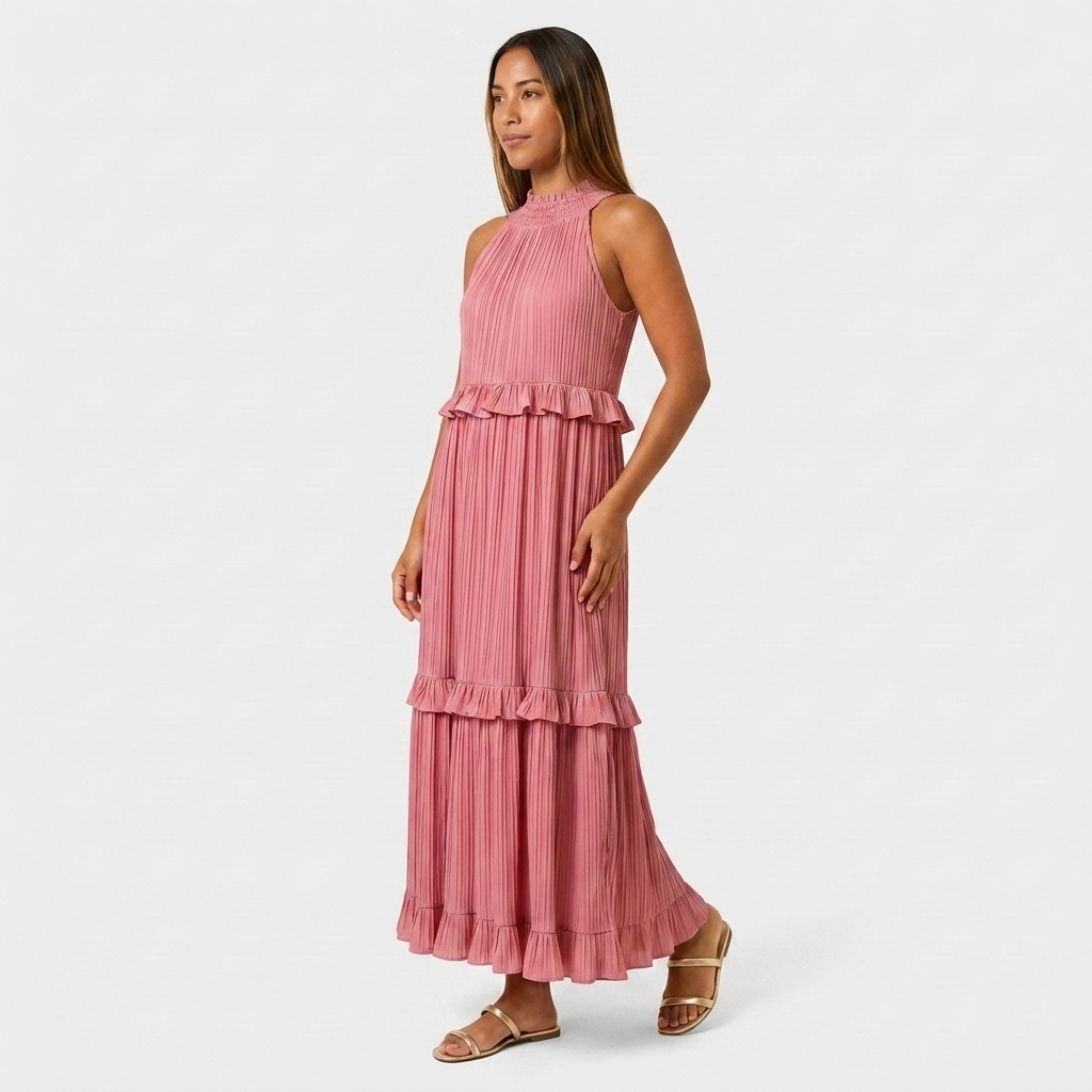 Robe Maxi Col Halter Plissée Volants Étagés Pour Femme