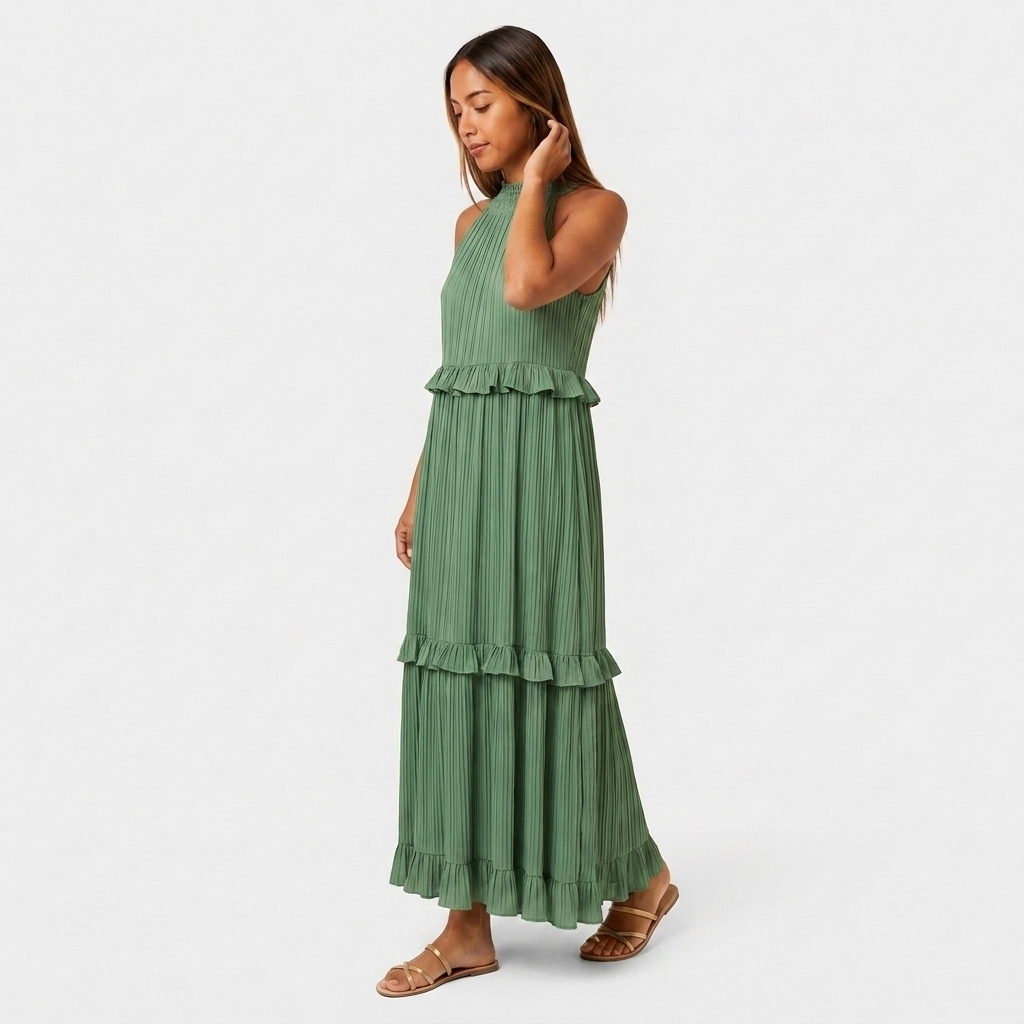 Robe Maxi Col Halter Plissée Volants Étagés Pour Femme