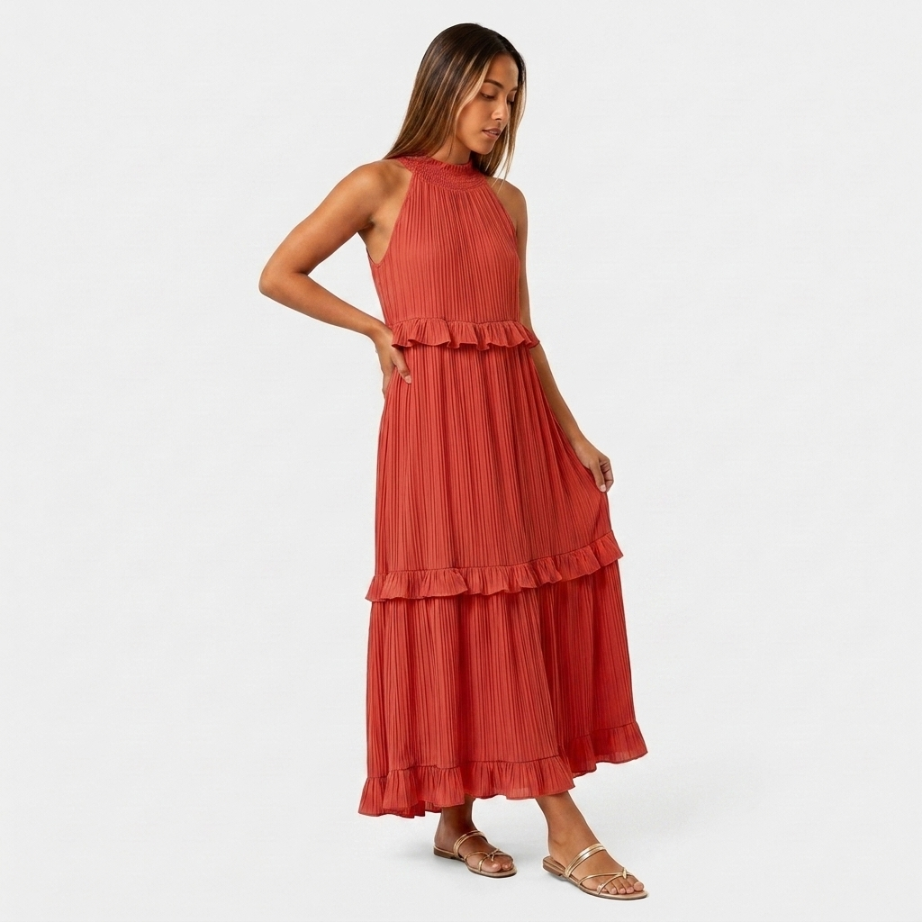 Robe Maxi Col Halter Plissée Volants Étagés Pour Femme