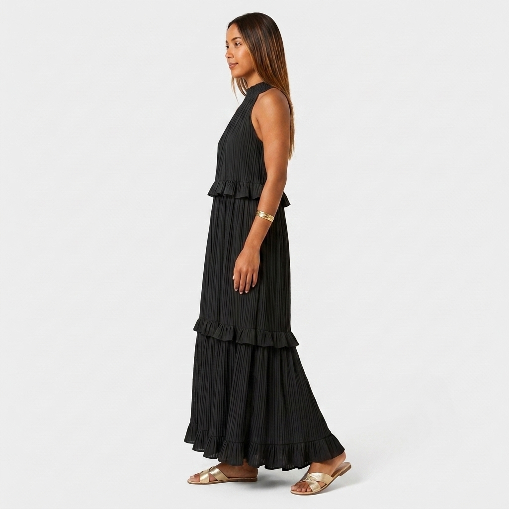 Robe Maxi Col Halter Plissée Volants Étagés Pour Femme