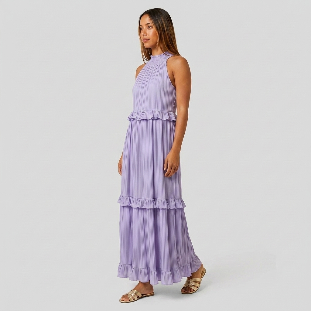 Robe Maxi Col Halter Plissée Volants Étagés Pour Femme