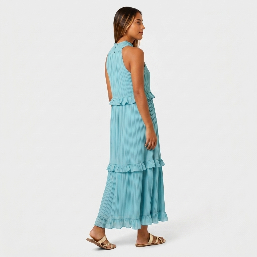 Robe Maxi Col Halter Plissée Volants Étagés Pour Femme