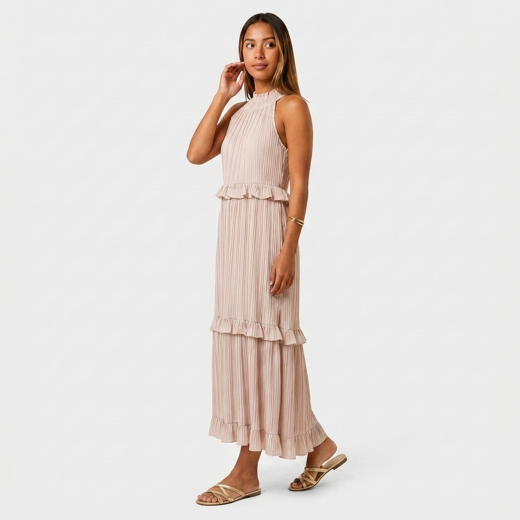 Robe Maxi Col Halter Plissée Volants Étagés Pour Femme