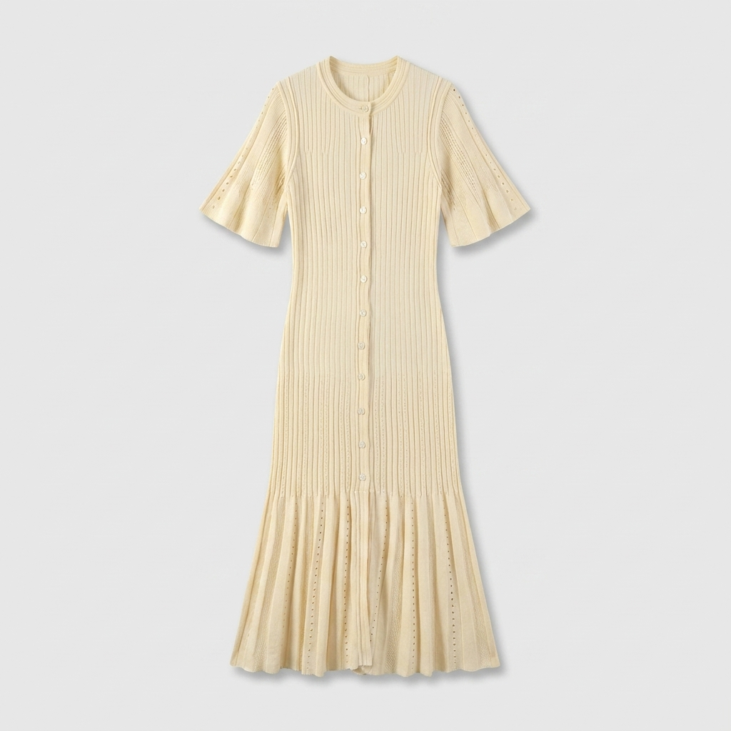 Robe Maxi Maille Côtelée Boutonnée Manches Ajourées Contrastées Pour Femme