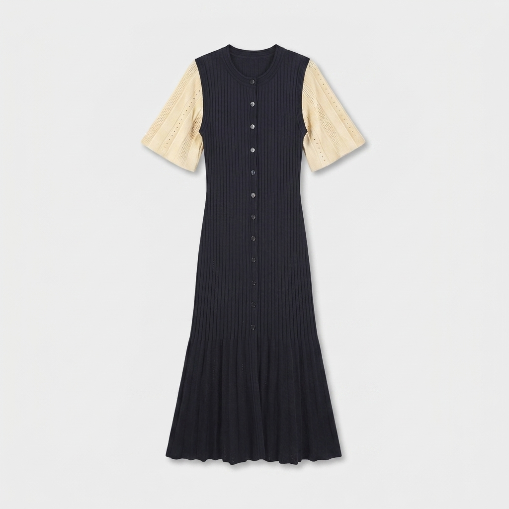 Robe Maxi Maille Côtelée Boutonnée Manches Ajourées Contrastées Pour Femme