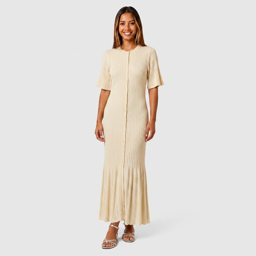 Robe Maxi Maille Côtelée Boutonnée Manches Ajourées Contrastées Pour Femme