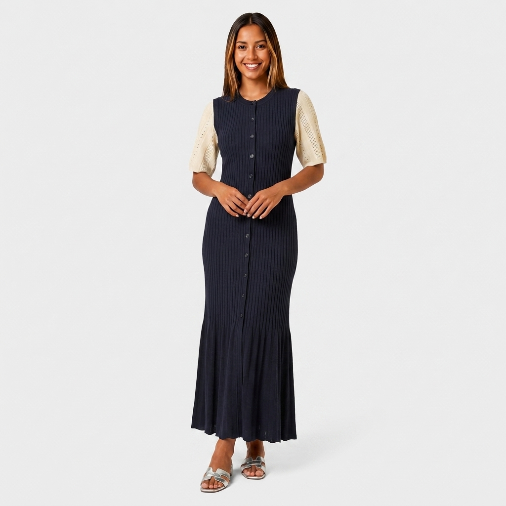 Robe Maxi Maille Côtelée Boutonnée Manches Ajourées Contrastées Pour Femme