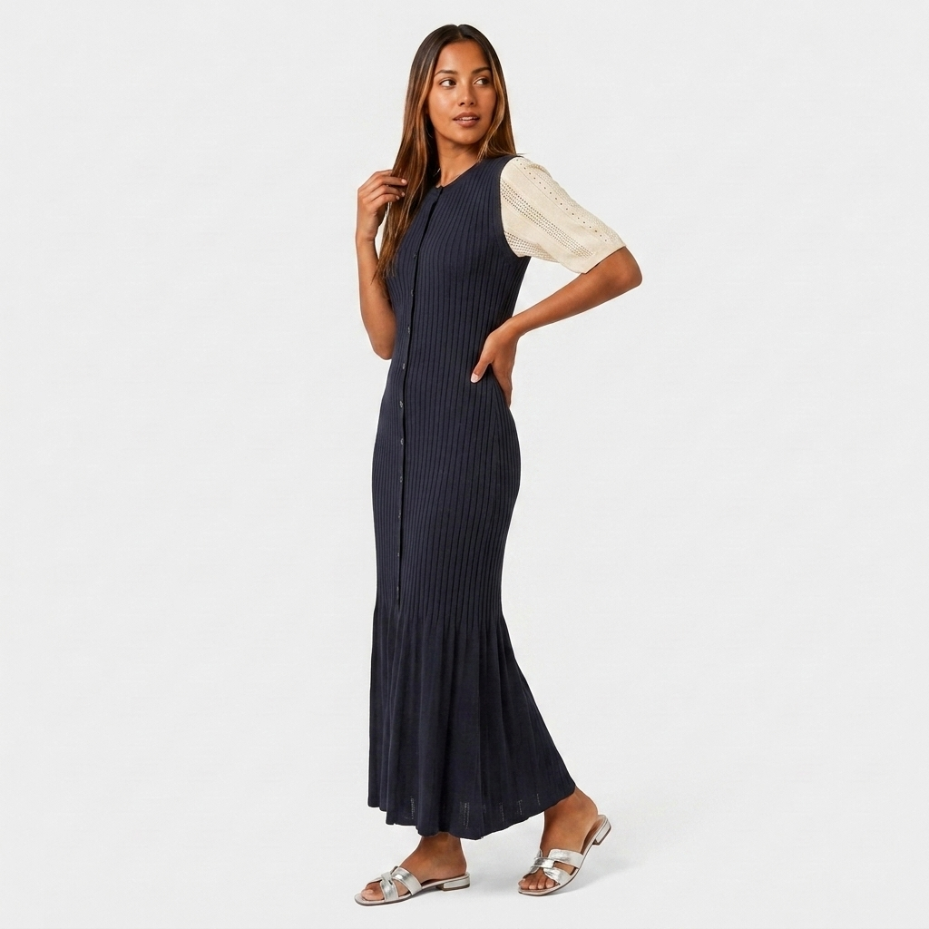 Robe Maxi Maille Côtelée Boutonnée Manches Ajourées Contrastées Pour Femme