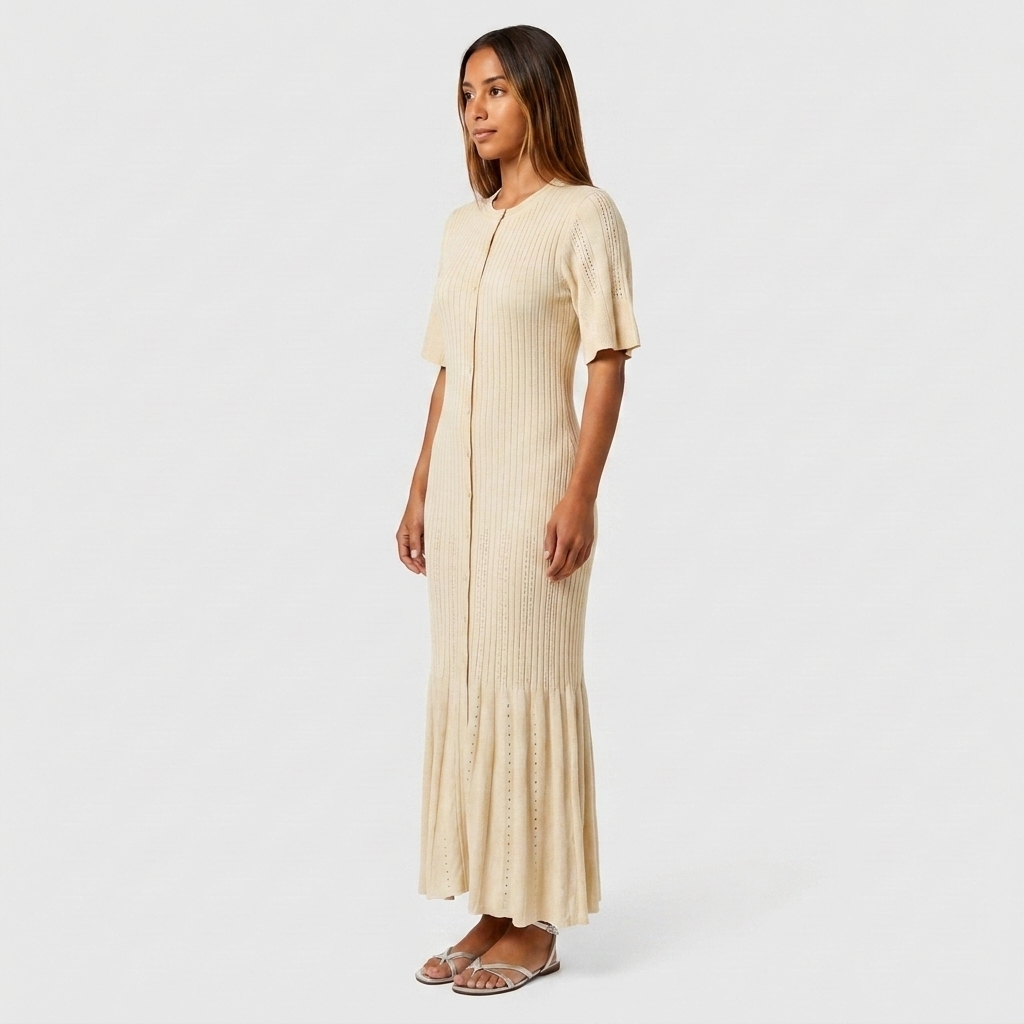 Robe Maxi Maille Côtelée Boutonnée Manches Ajourées Contrastées Pour Femme