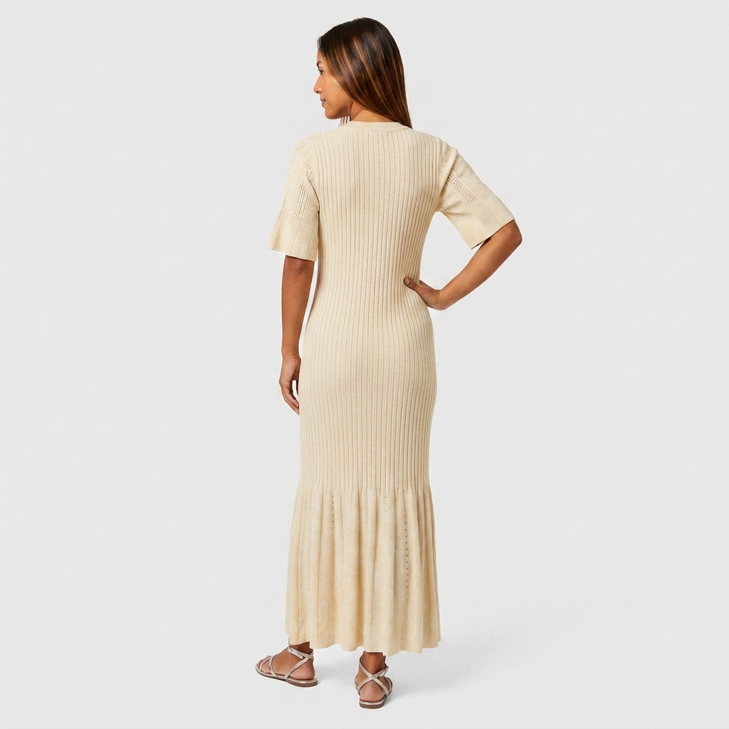 Robe Maxi Maille Côtelée Boutonnée Manches Ajourées Contrastées Pour Femme