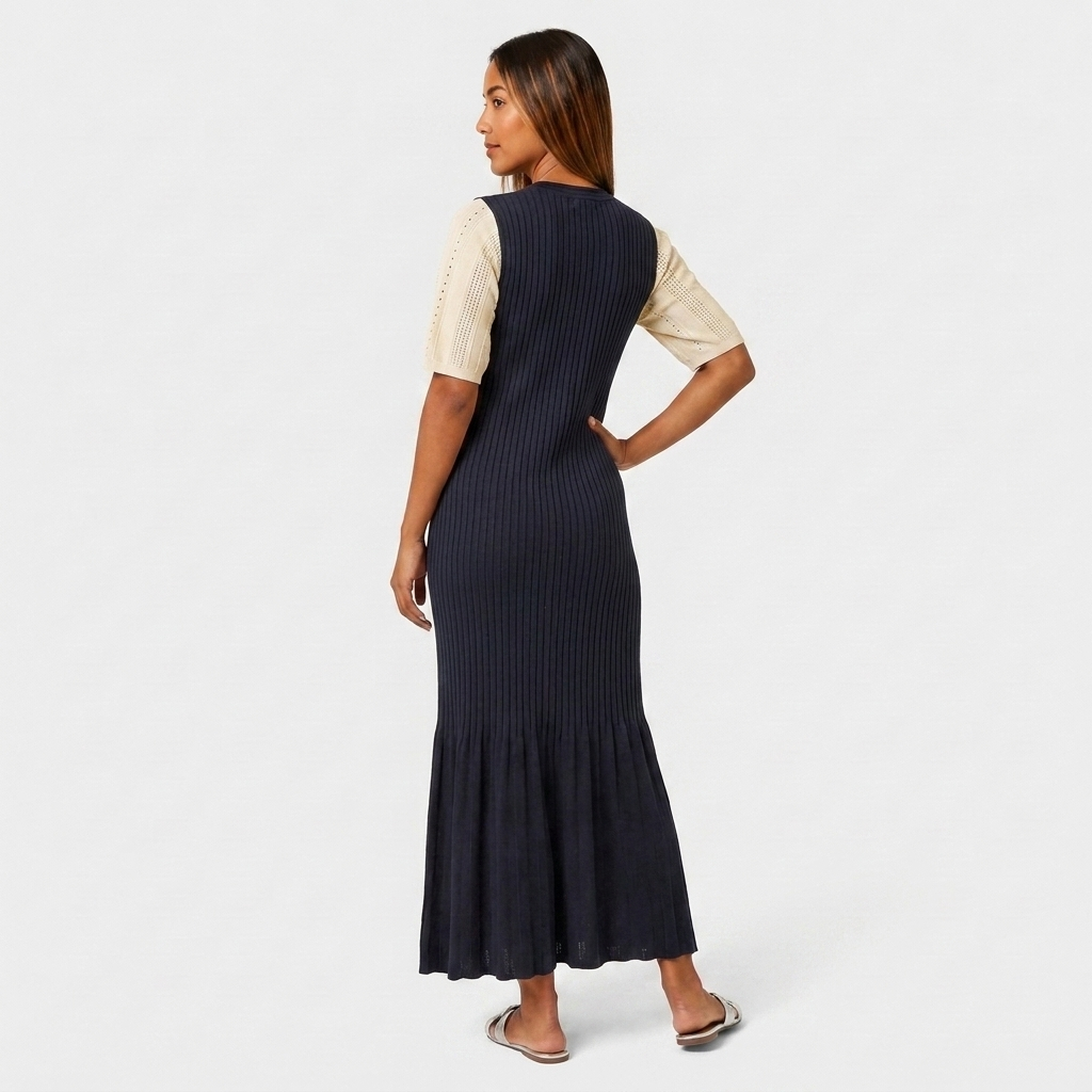 Robe Maxi Maille Côtelée Boutonnée Manches Ajourées Contrastées Pour Femme