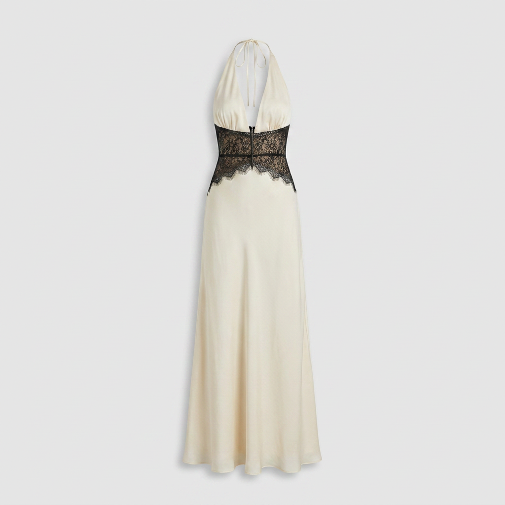Robe Maxi Satin Col Halter V Ceinture Dentelle Contrastée Pour Femme