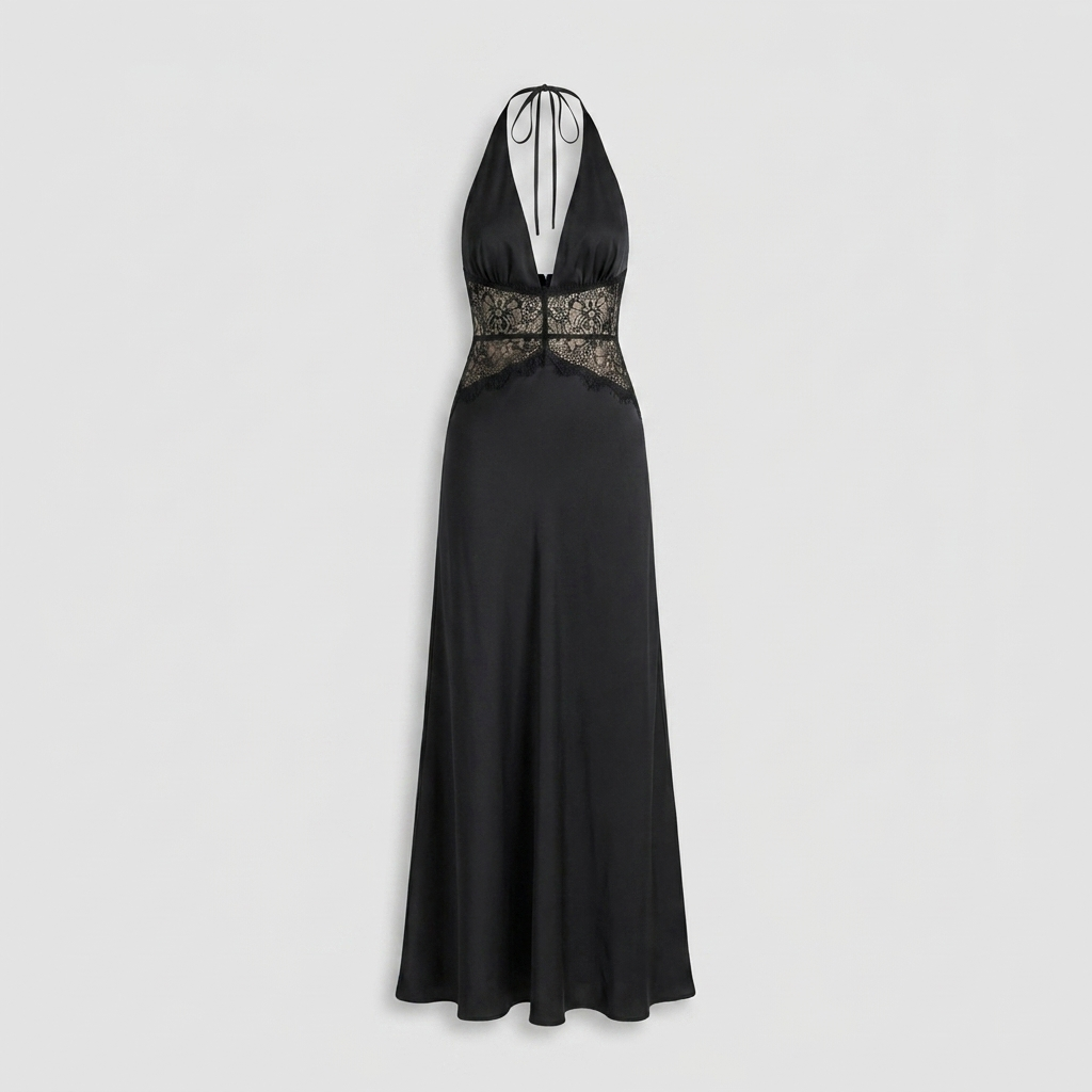 Robe Maxi Satin Col Halter V Ceinture Dentelle Contrastée Pour Femme