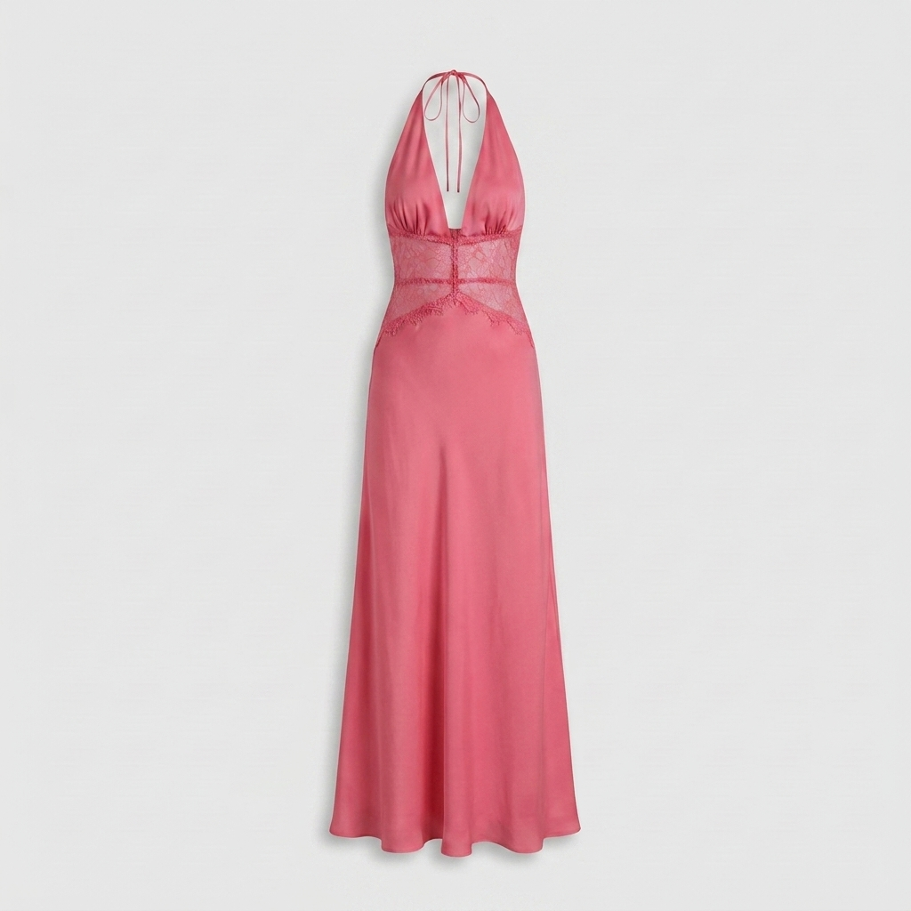 Robe Maxi Satin Col Halter V Ceinture Dentelle Contrastée Pour Femme