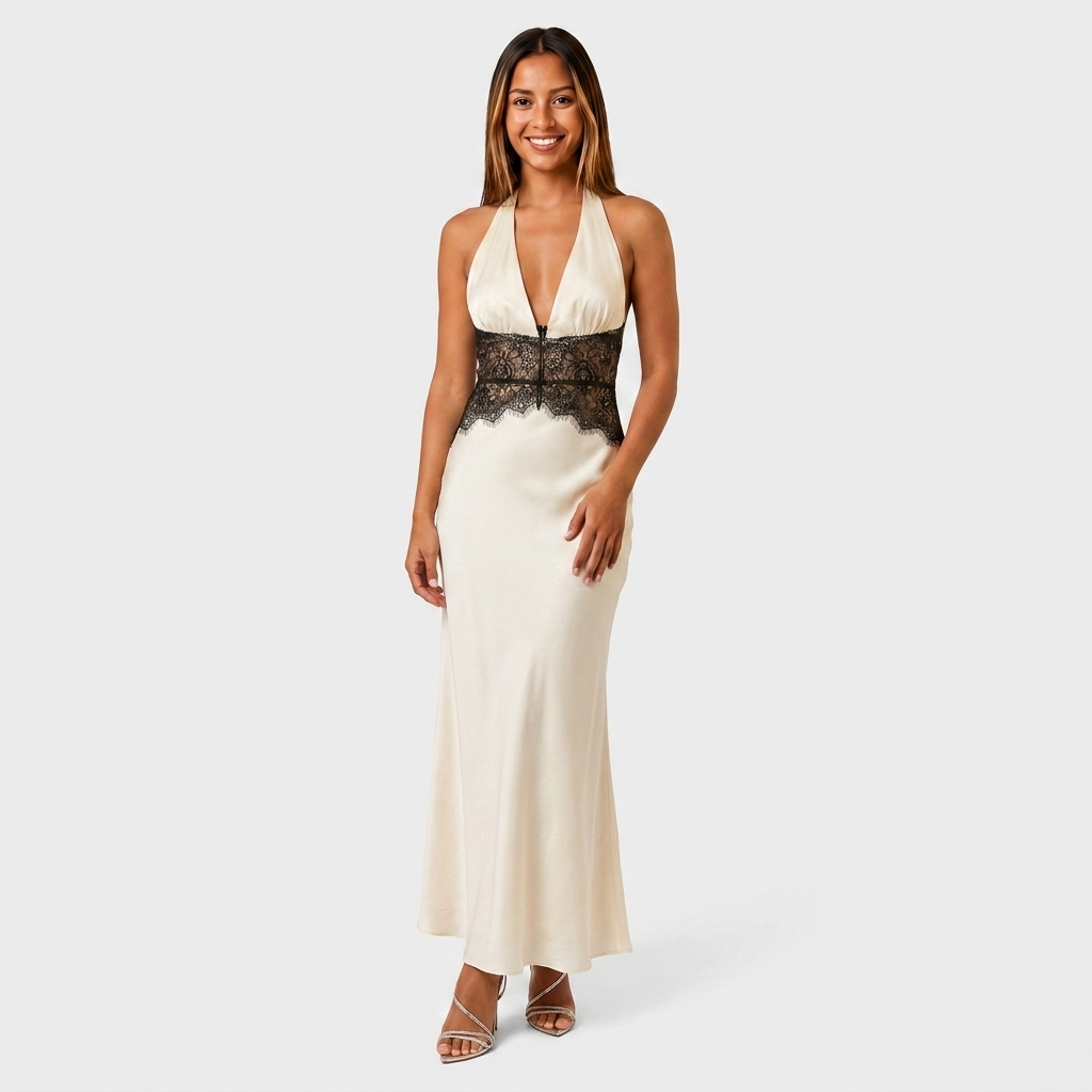 Robe Maxi Satin Col Halter V Ceinture Dentelle Contrastée Pour Femme