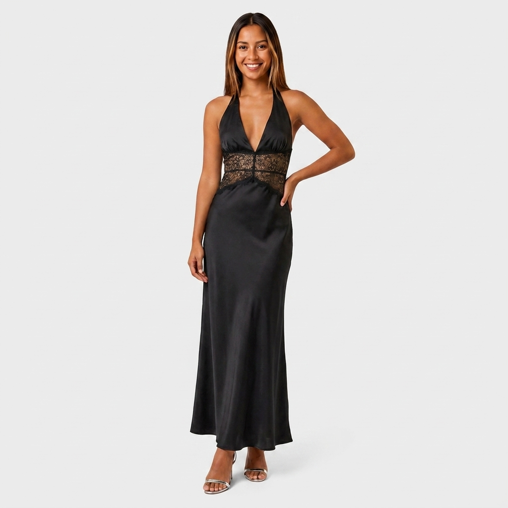 Robe Maxi Satin Col Halter V Ceinture Dentelle Contrastée Pour Femme