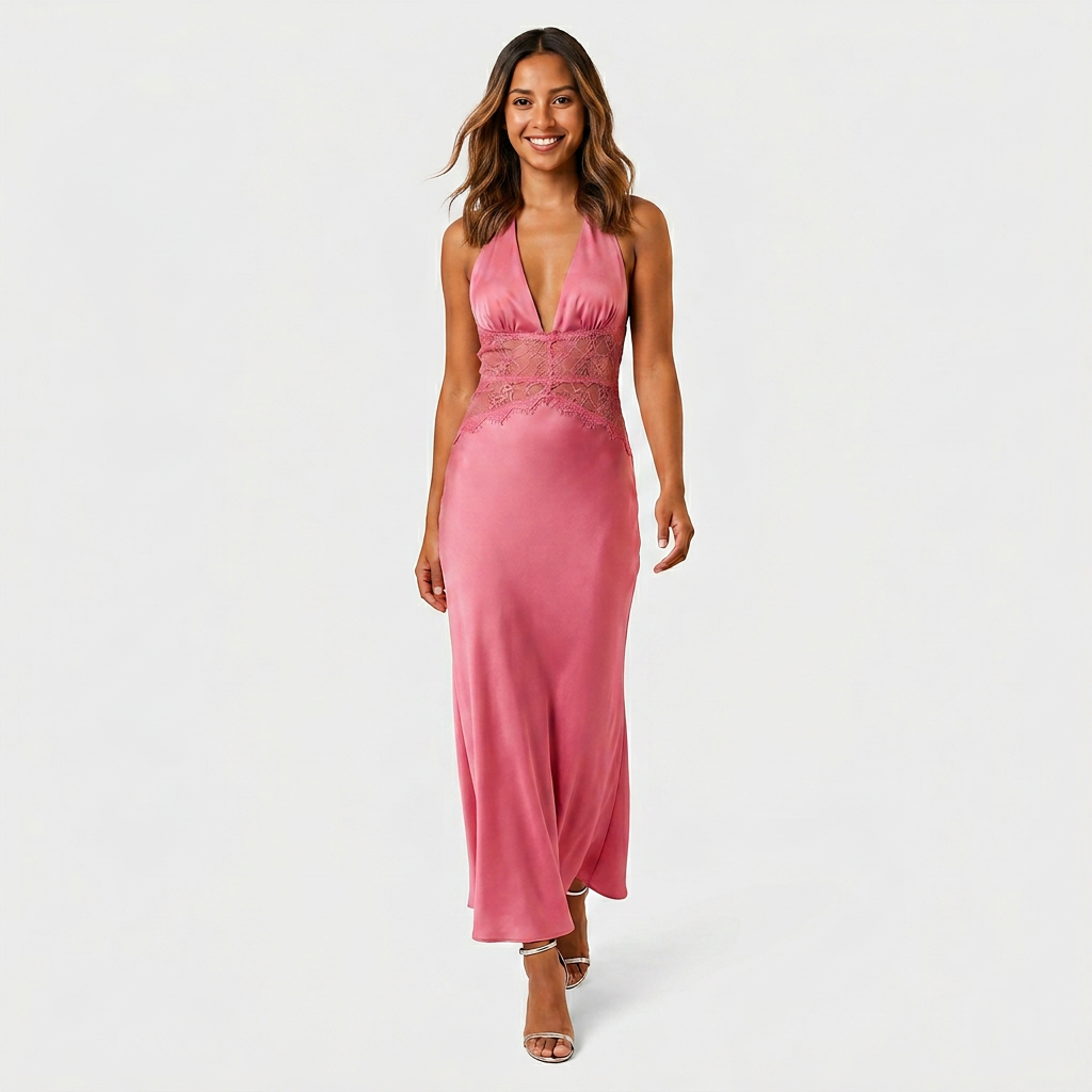 Robe Maxi Satin Col Halter V Ceinture Dentelle Contrastée Pour Femme