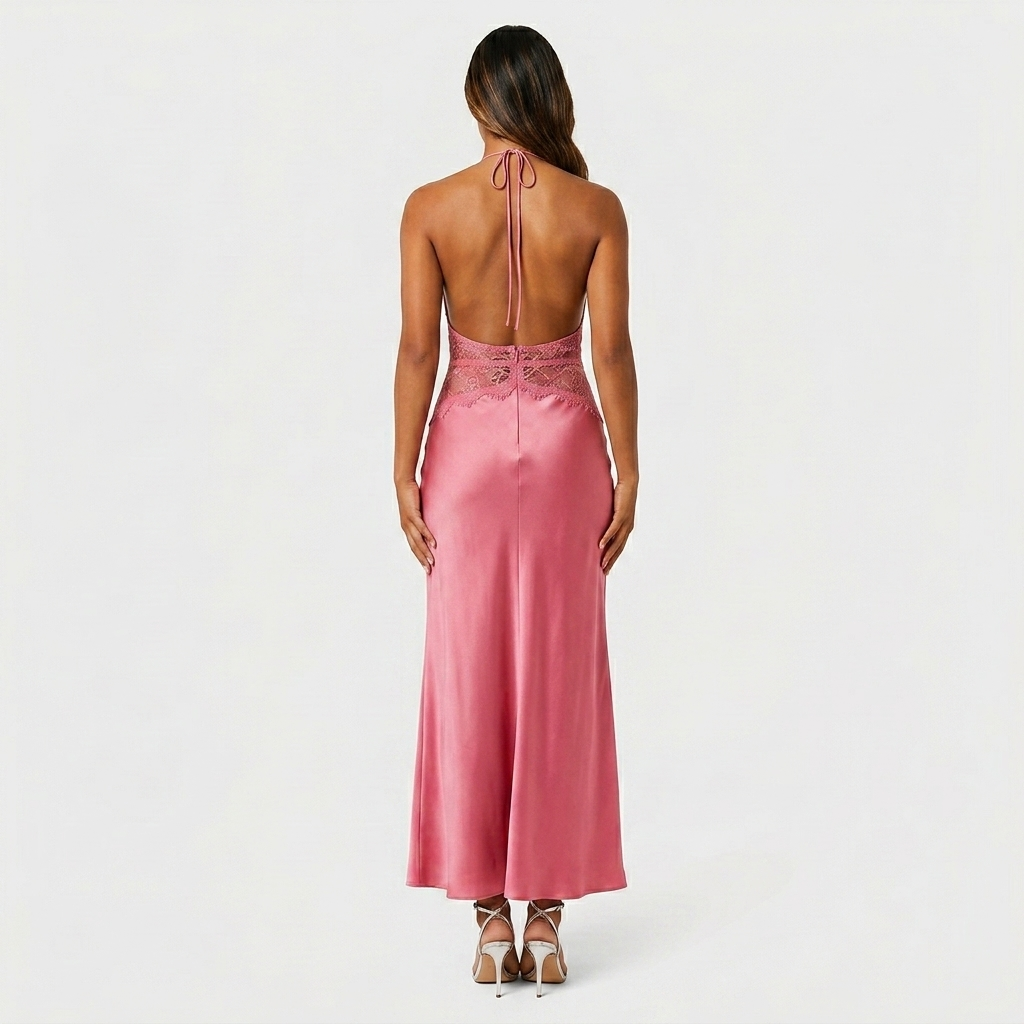 Robe Maxi Satin Col Halter V Ceinture Dentelle Contrastée Pour Femme