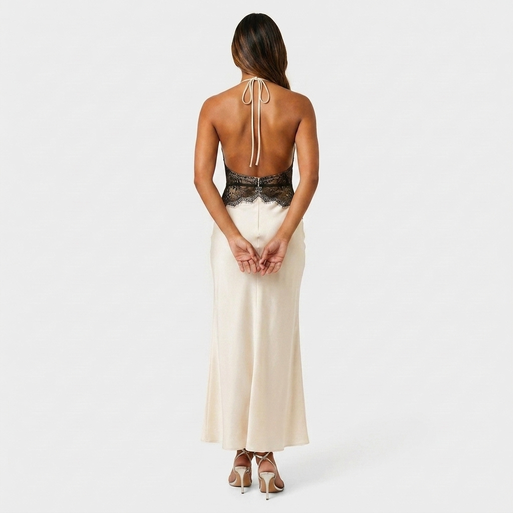 Robe Maxi Satin Col Halter V Ceinture Dentelle Contrastée Pour Femme