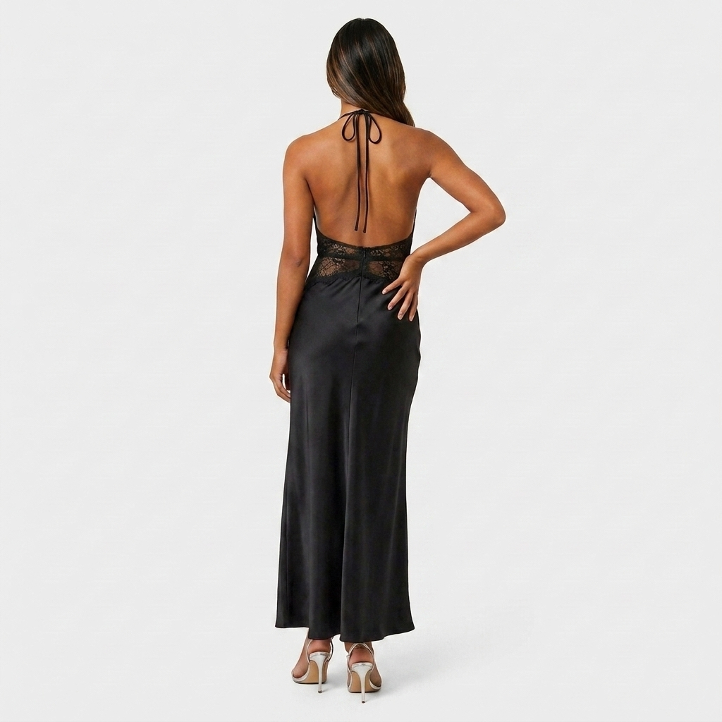 Robe Maxi Satin Col Halter V Ceinture Dentelle Contrastée Pour Femme