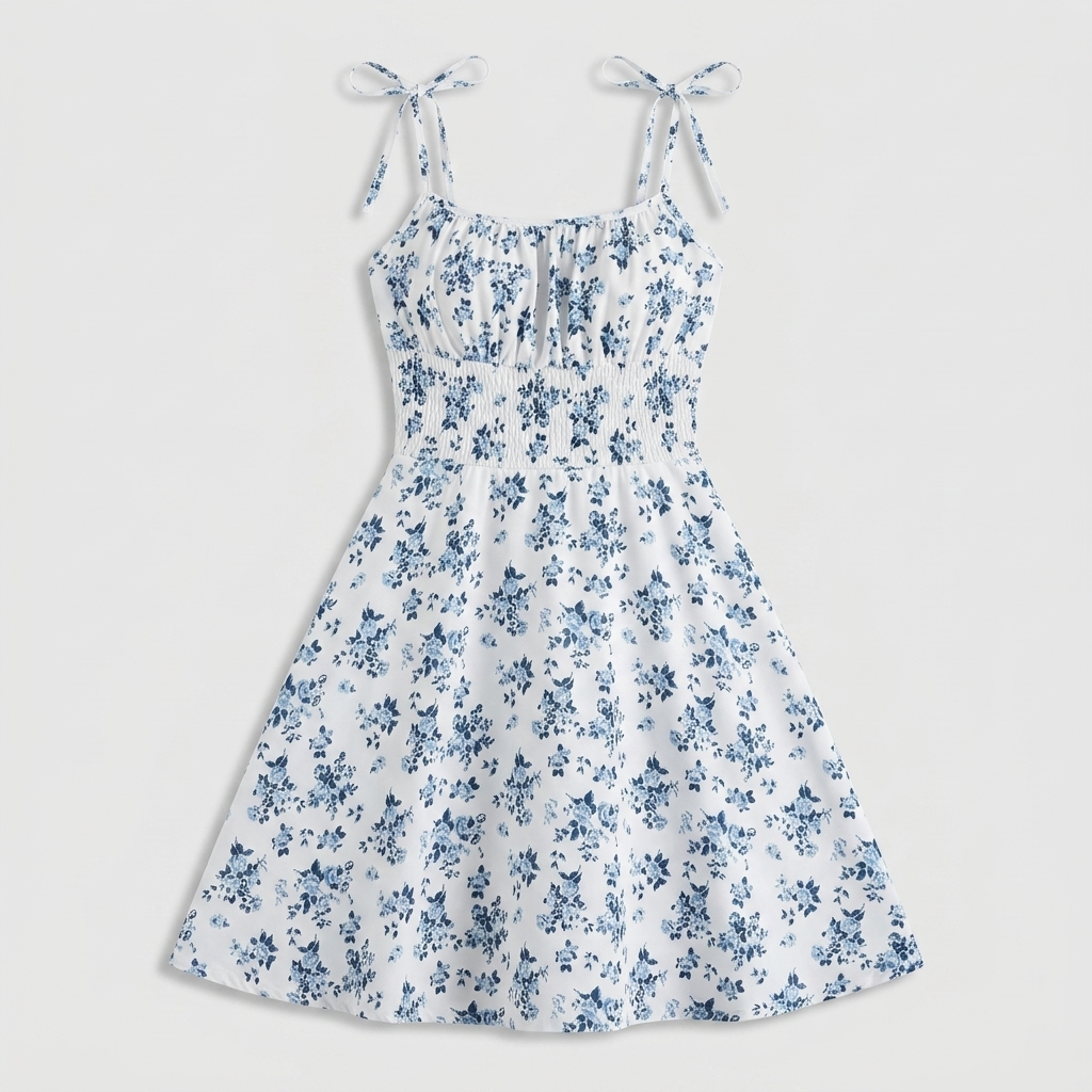 Robe Mini Fleurie Bretelles Nouées Bustier Évasée Pour Femme