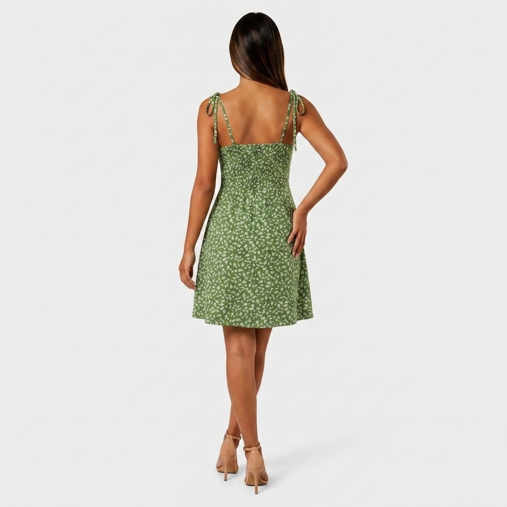 Robe Mini Fleurie Bretelles Nouées Bustier Évasée Pour Femme