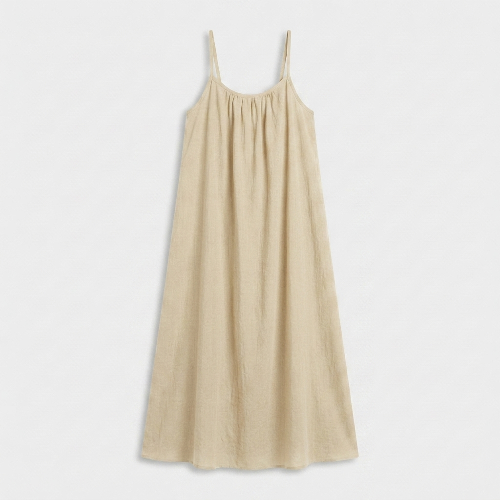 Robe Maxi Lin Bretelles Fines Encolure Froncée Coupe Ample Pour Femme