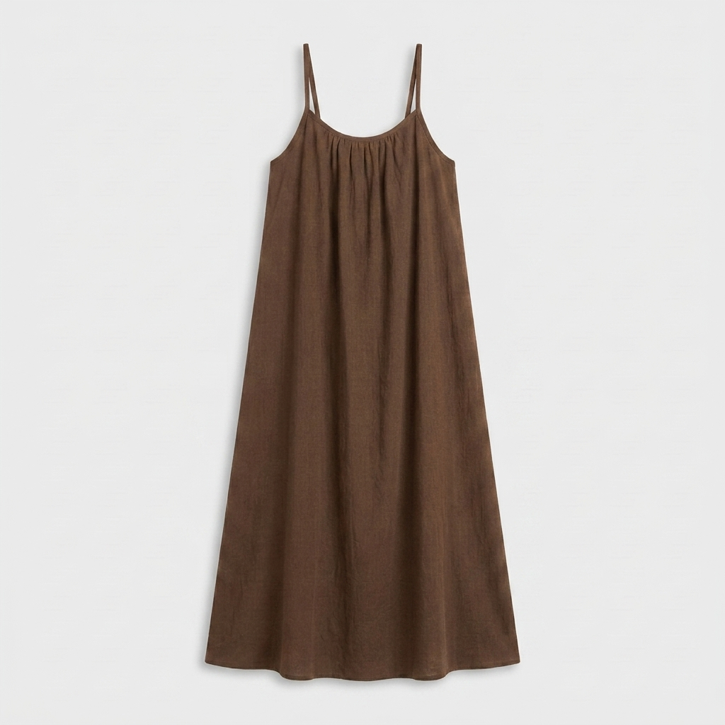 Robe Maxi Lin Bretelles Fines Encolure Froncée Coupe Ample Pour Femme