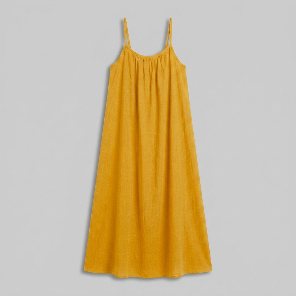 Robe Maxi Lin Bretelles Fines Encolure Froncée Coupe Ample Pour Femme