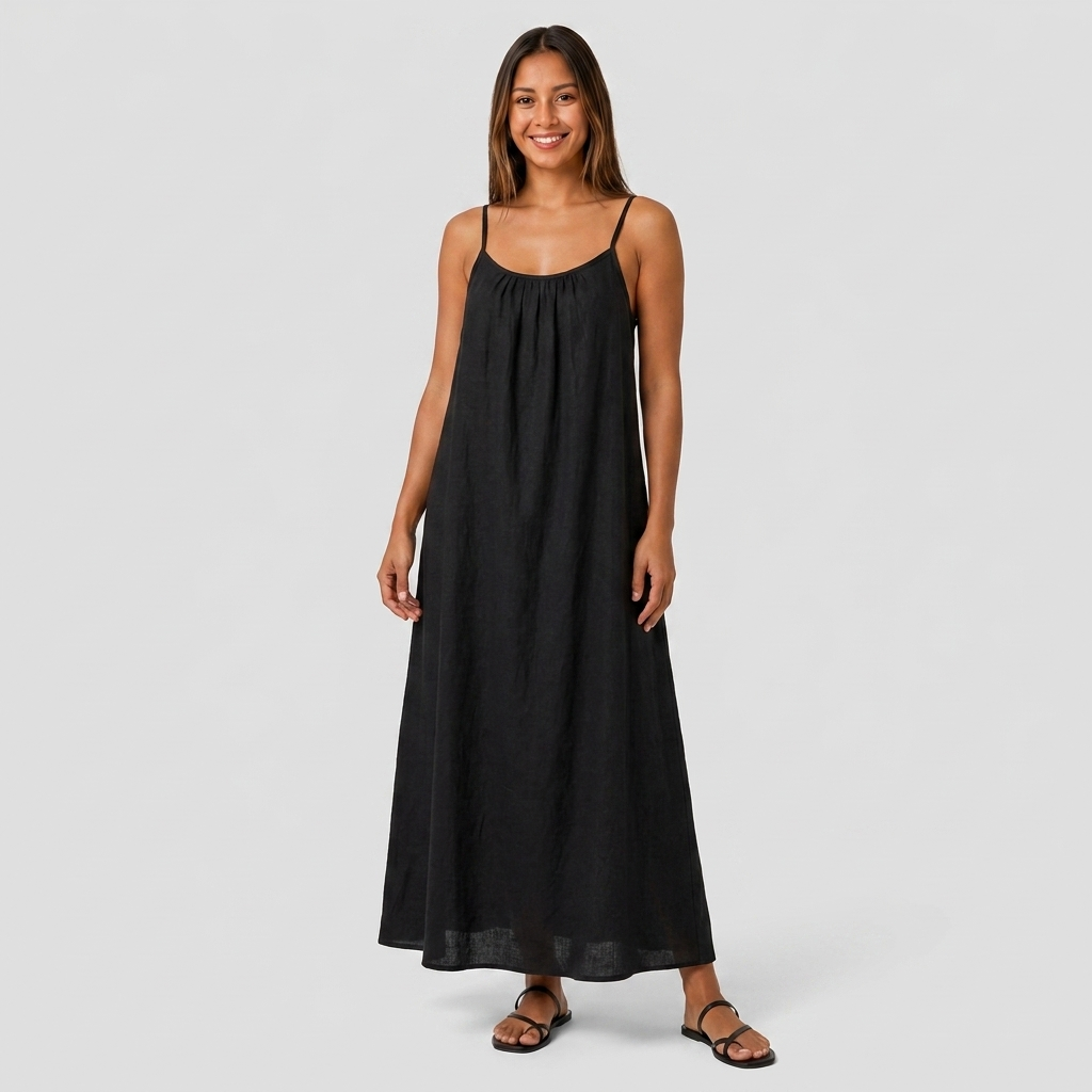 Robe Maxi Lin Bretelles Fines Encolure Froncée Coupe Ample Pour Femme