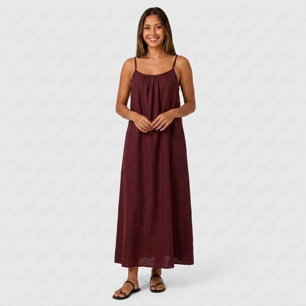 Robe Maxi Lin Bretelles Fines Encolure Froncée Coupe Ample Pour Femme