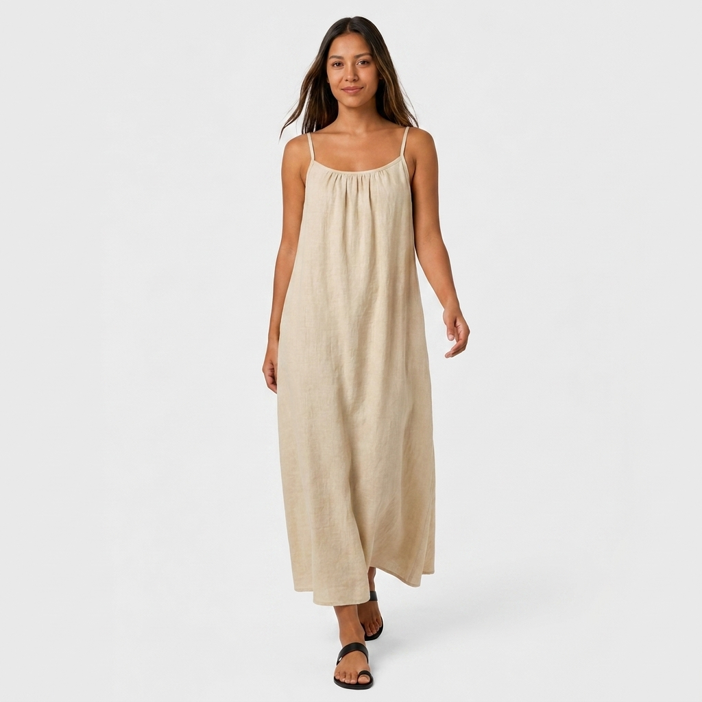 Robe Maxi Lin Bretelles Fines Encolure Froncée Coupe Ample Pour Femme