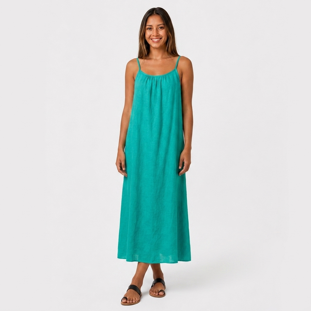 Robe Maxi Lin Bretelles Fines Encolure Froncée Coupe Ample Pour Femme