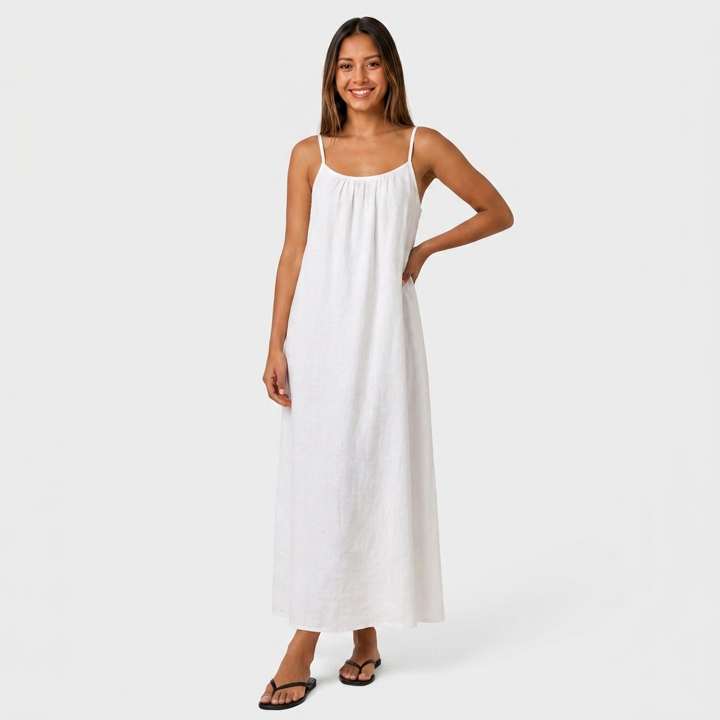 Robe Maxi Lin Bretelles Fines Encolure Froncée Coupe Ample Pour Femme