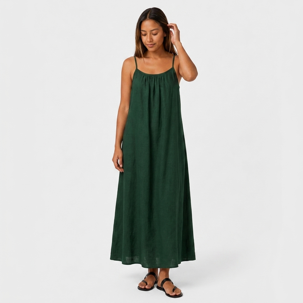 Robe Maxi Lin Bretelles Fines Encolure Froncée Coupe Ample Pour Femme