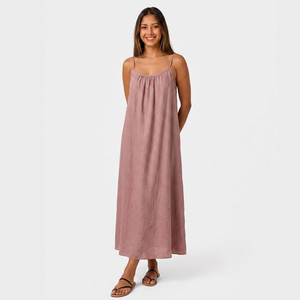 Robe Maxi Lin Bretelles Fines Encolure Froncée Coupe Ample Pour Femme