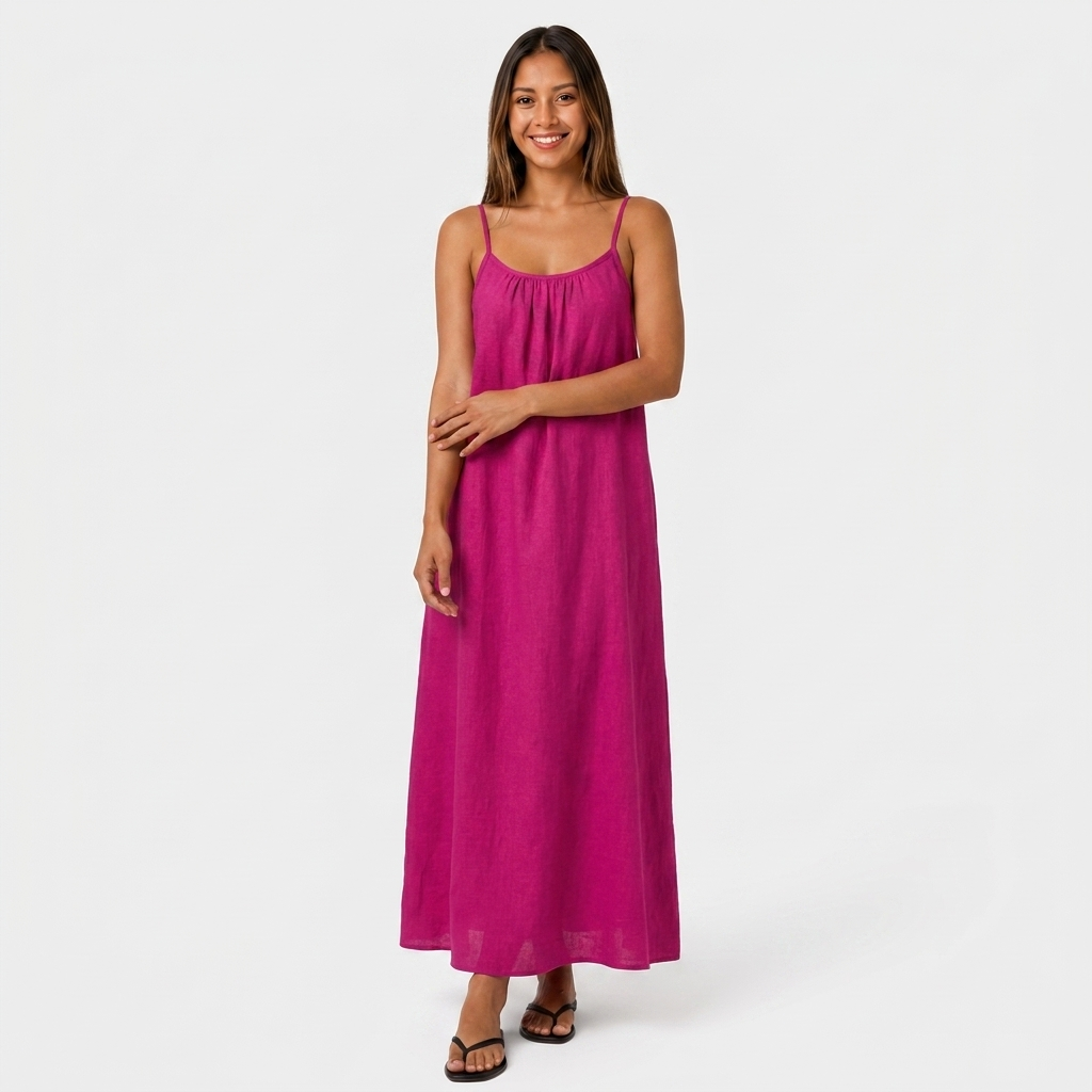 Robe Maxi Lin Bretelles Fines Encolure Froncée Coupe Ample Pour Femme