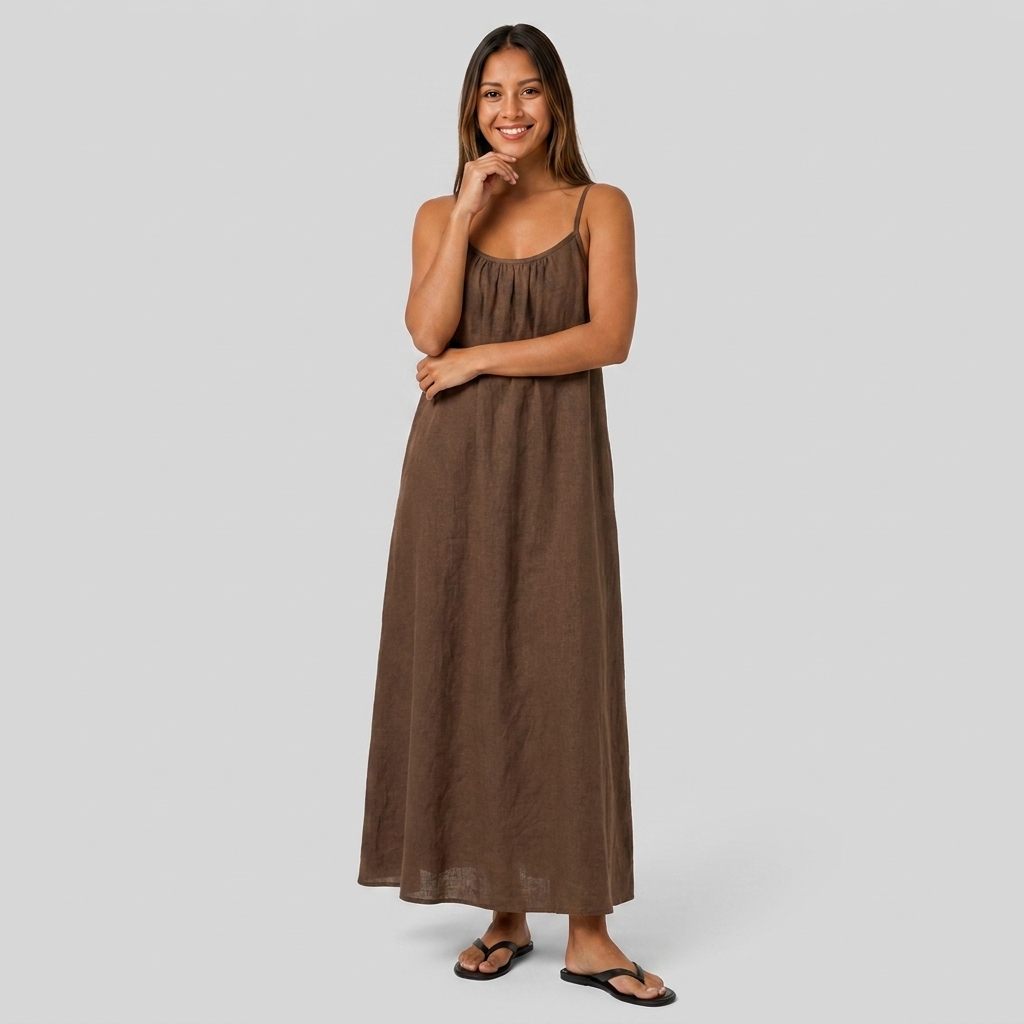 Robe Maxi Lin Bretelles Fines Encolure Froncée Coupe Ample Pour Femme