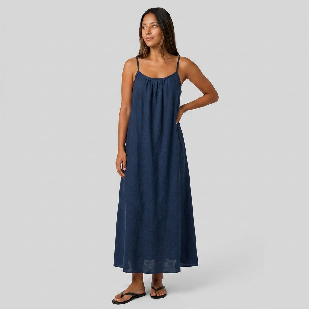 Robe Maxi Lin Bretelles Fines Encolure Froncée Coupe Ample Pour Femme