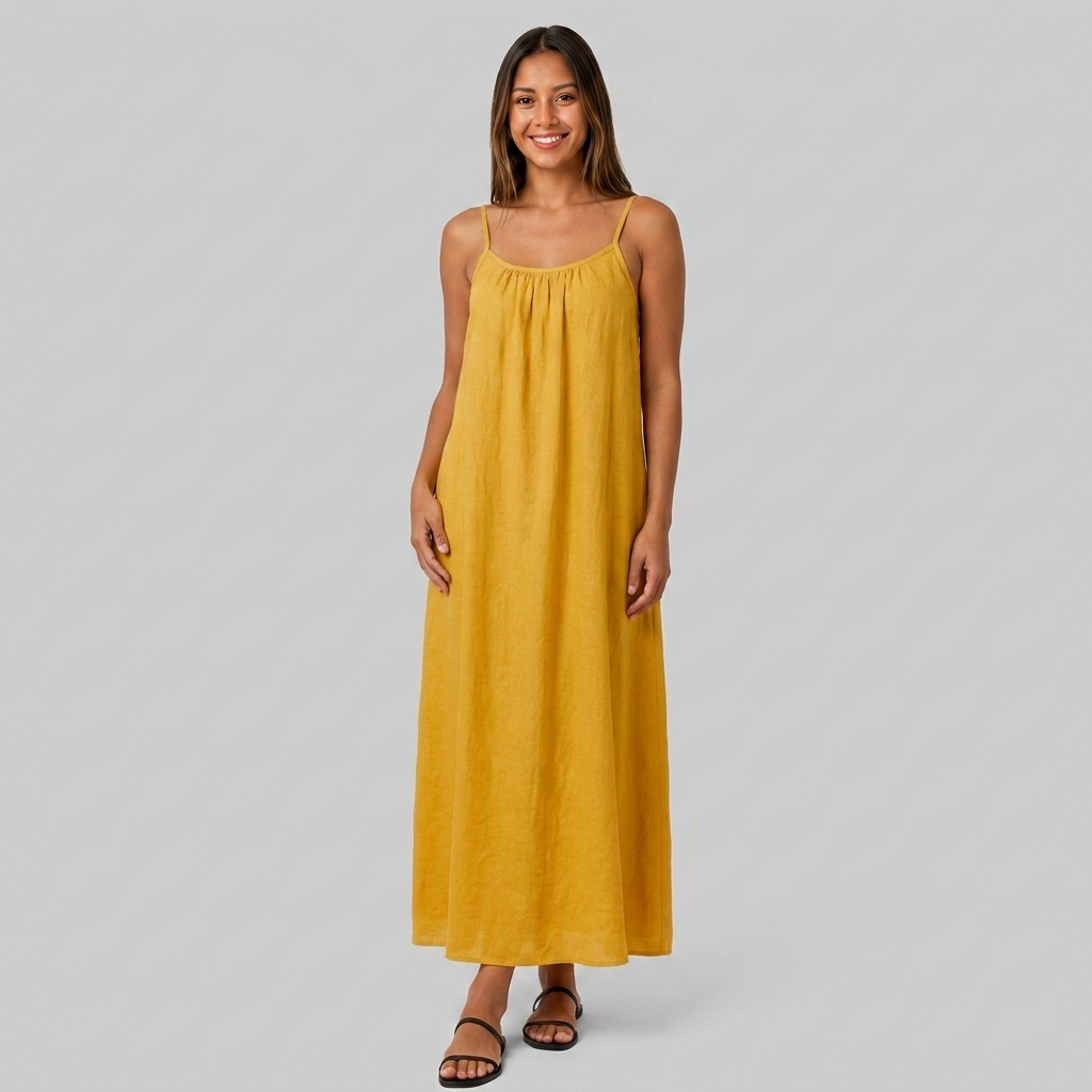 Robe Maxi Lin Bretelles Fines Encolure Froncée Coupe Ample Pour Femme