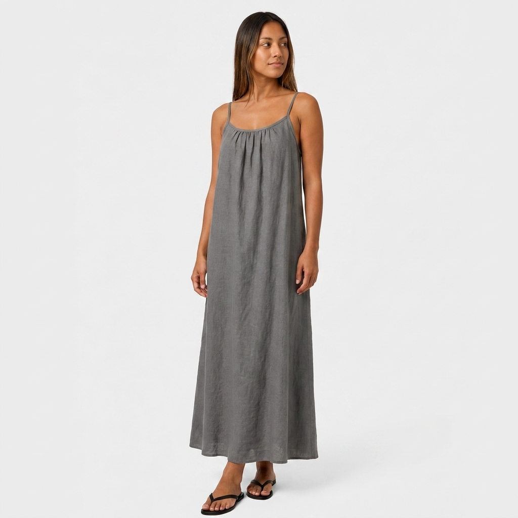 Robe Maxi Lin Bretelles Fines Encolure Froncée Coupe Ample Pour Femme