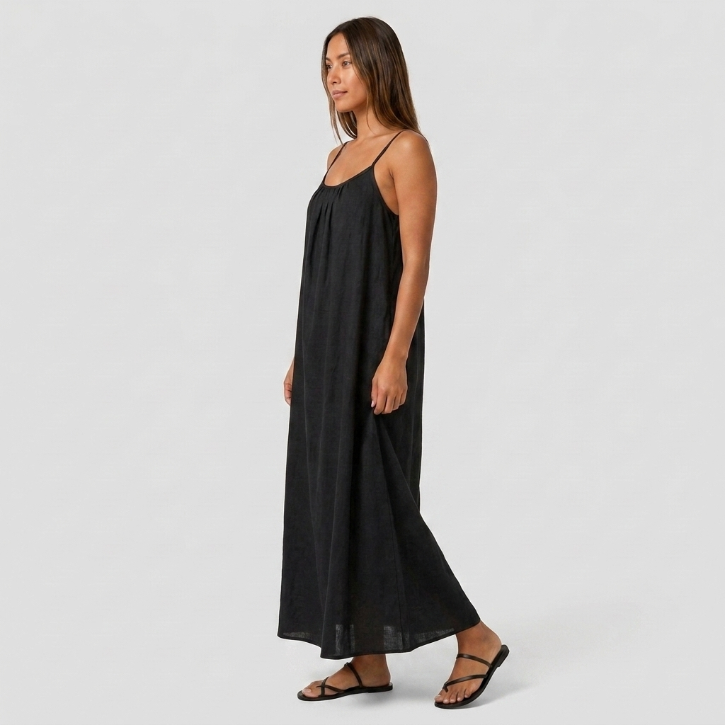 Robe Maxi Lin Bretelles Fines Encolure Froncée Coupe Ample Pour Femme