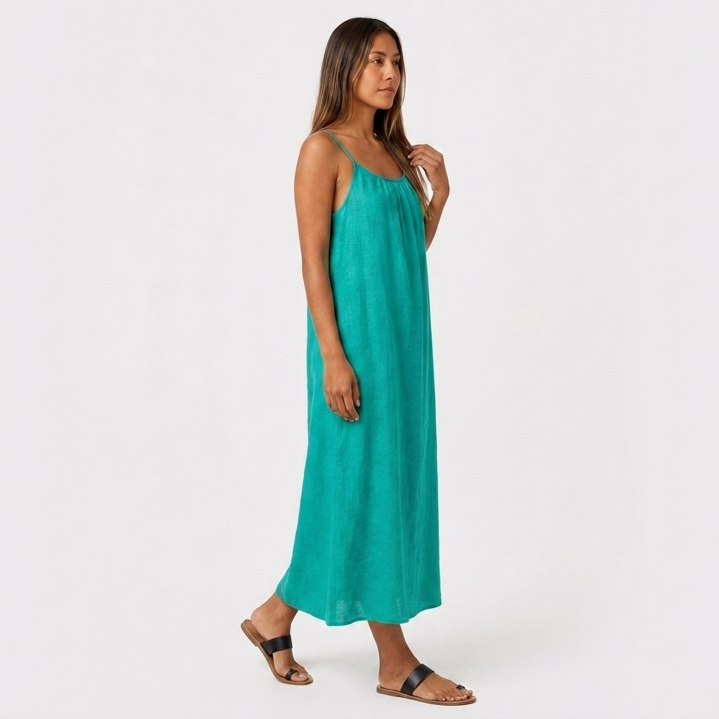 Robe Maxi Lin Bretelles Fines Encolure Froncée Coupe Ample Pour Femme