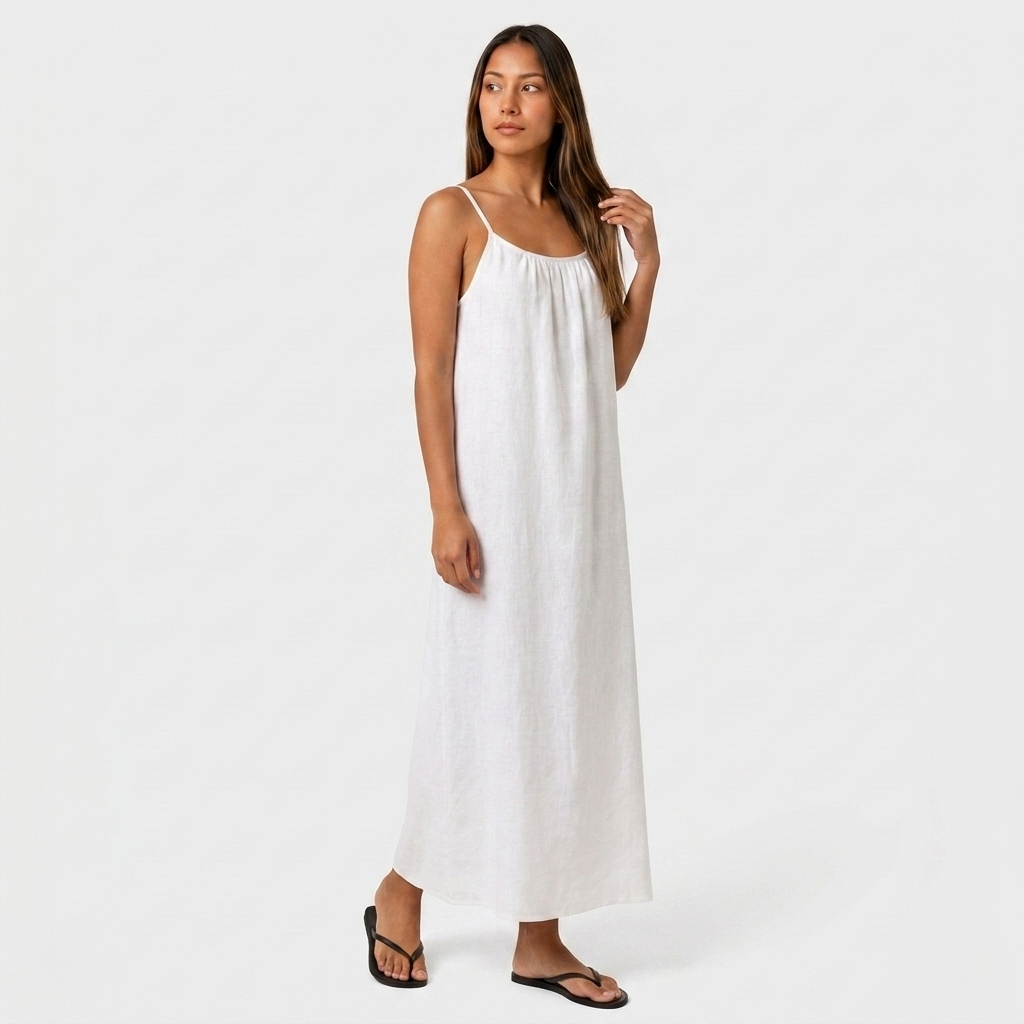 Robe Maxi Lin Bretelles Fines Encolure Froncée Coupe Ample Pour Femme