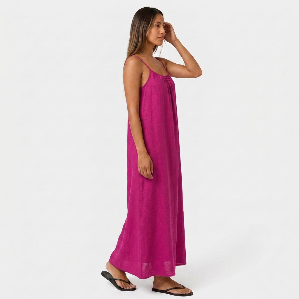 Robe Maxi Lin Bretelles Fines Encolure Froncée Coupe Ample Pour Femme