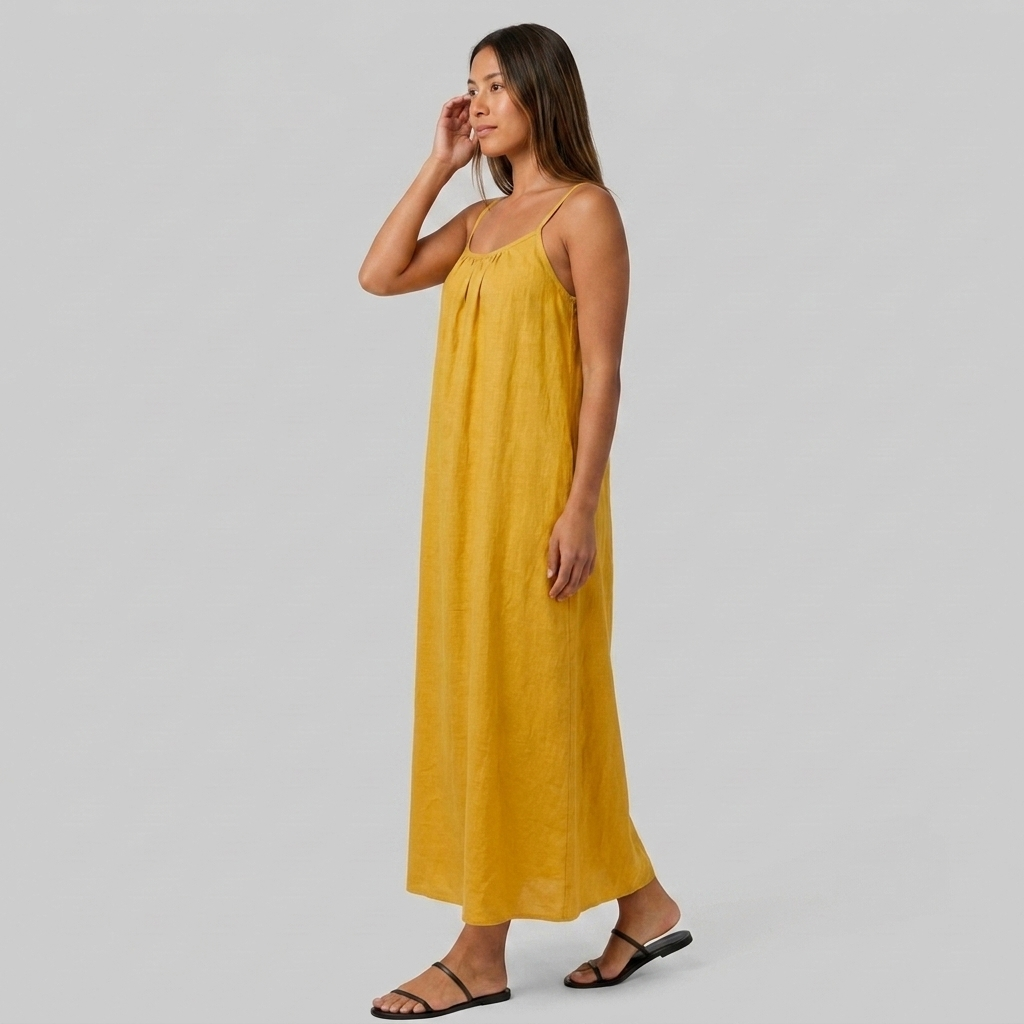 Robe Maxi Lin Bretelles Fines Encolure Froncée Coupe Ample Pour Femme